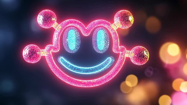 Luminous neon smiley face pulsating with futuristic energy, radiating holographic vibrancy amid colorful bokeh and dynamic digital glow