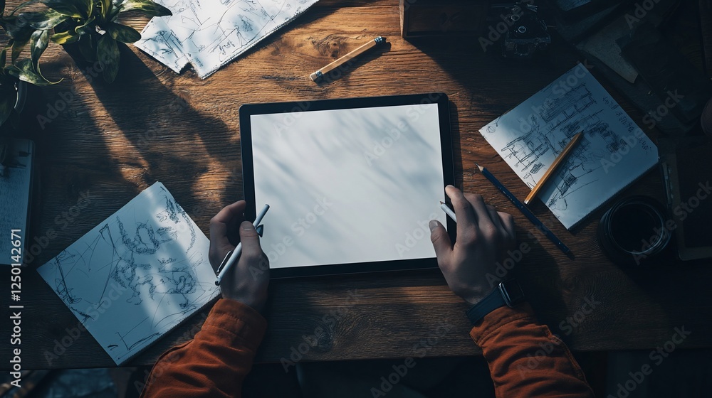 Poster overhead view of hands using a digital tablet for sketching on a wooden desk surrounded by design sk