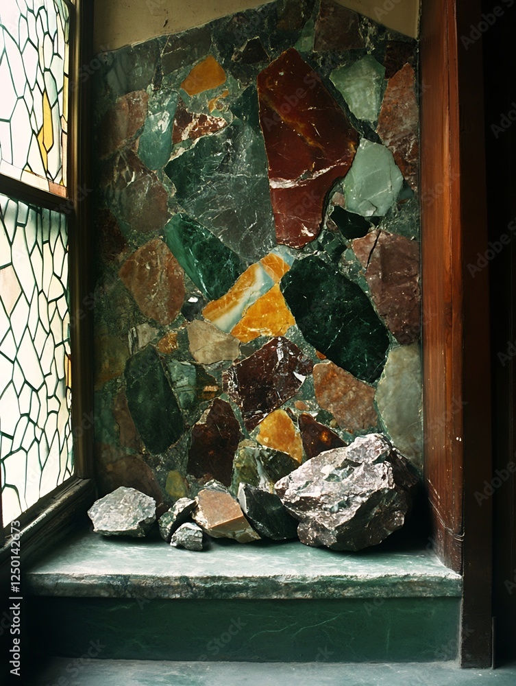 Aufkleber Colorful Mosaic Stone Wall with Natural Light and Shadows in an Architectural Setting : Generative AI