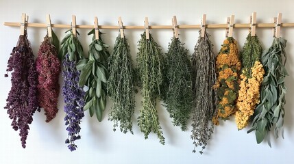 Row of dried herbs hanging on clotheslines on a white background