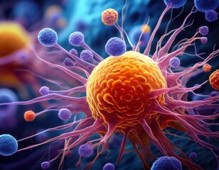medical illustration featuring cancer cells from a microscopic to macroscopic view