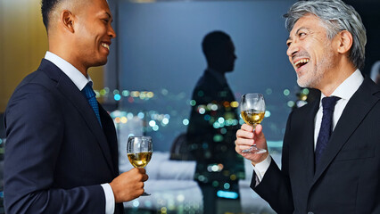 toasting, champagne, business, men, businessman, drinking, party, toast, alcohol, wine, smile, chat, teamwork, global, english conversation, foreigner, japanese, business person, business negotiations