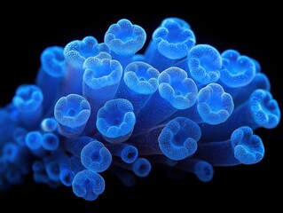 Close up of blue sea anemone with glowing blue particles on a black background