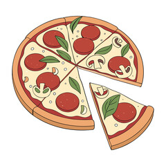 Set of outline fast food drawings. Doodle silhouettes of takeaway meals. Pizza, burger, sandwich, hotdog, ice cream, taco, soda and other elements