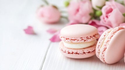 Obraz premium Delicious Pink Macarons Surrounded by Fresh Spring Flowers Perfect for Sweet Treat Themes : Generative AI