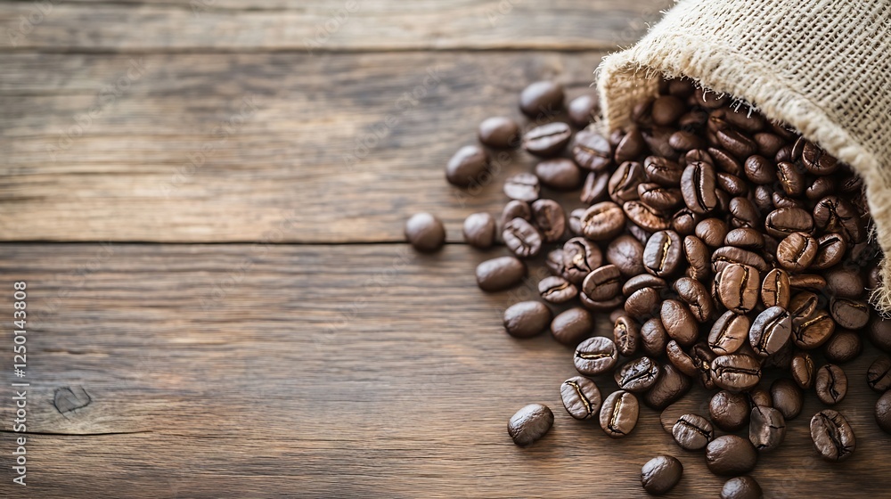 Aufkleber natural coffee beans spilling from a burlap bag on rustic wooden surface for authentic coffee vibes 