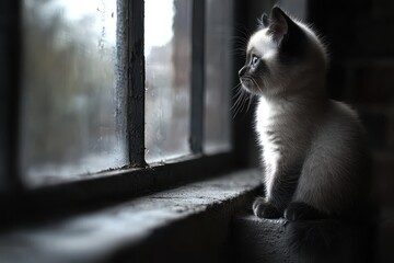 A Kitten's Gaze: A fluffy kitten with piercing blue eyes sits on a windowsill, gazing intently out into the rain-streaked world beyond.