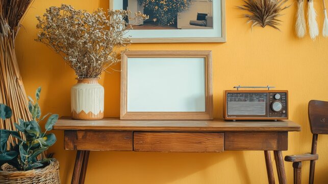 Vintage Home Decor with Blank Frame and Retro Radio