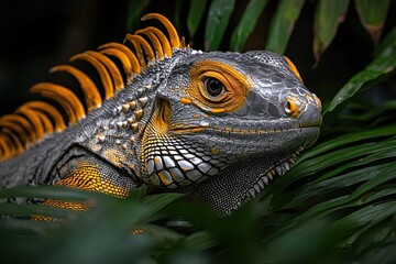 Fototapeta premium Iguana Portrait: A striking close-up of a vibrant iguana, its scales shimmering with grey, orange and yellow hues, set against a backdrop of lush, dark green foliage.