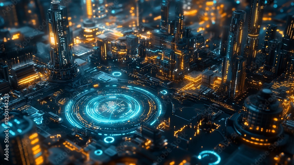 Poster futuristic cityscape with glowing circular central element, resembling a technological hub or data c