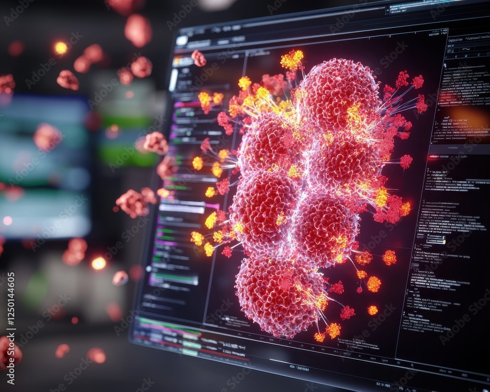 Aufkleber glowing red virus cells on computer screen with code
