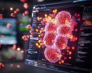 Glowing Red Virus Cells on Computer Screen With Code