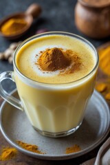 A warm cup of turmeric latte topped with spice, served on a plate.