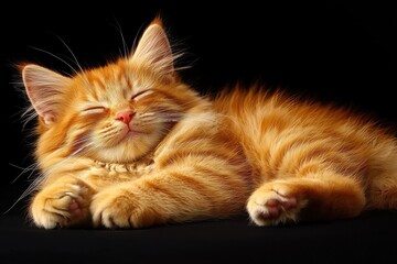 Obraz premium Orange Tabby Kitten Snoozing: A sweet orange tabby kitten with soft, fluffy fur rests peacefully on a black background, capturing the innocent charm of a feline nap.