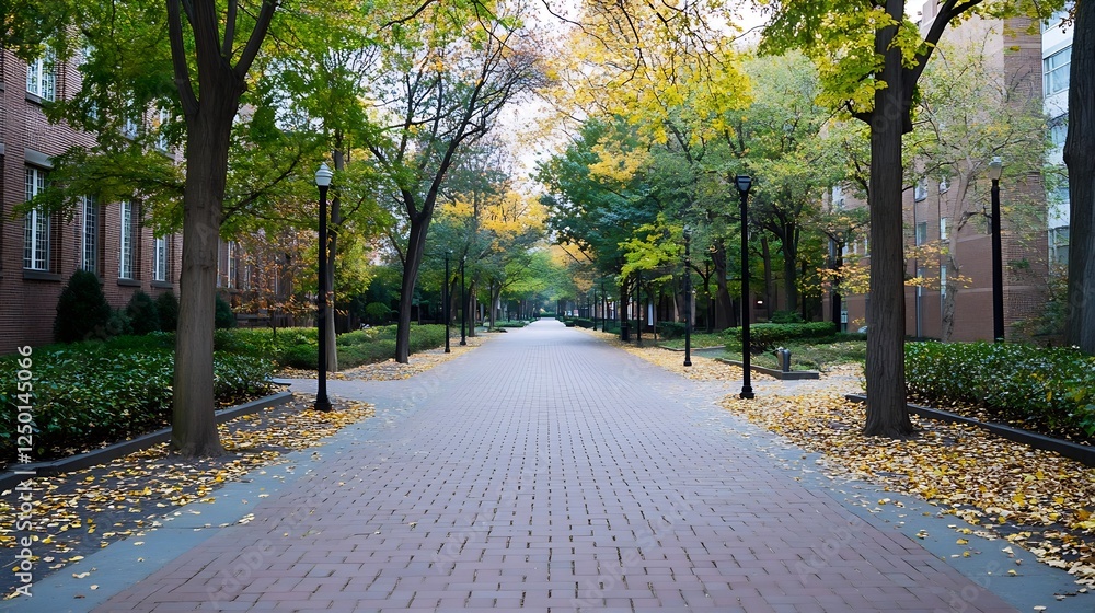 Poster Stunning tree-lined pathway adorned with autumn leaves in a tranquil park setting : Generative AI