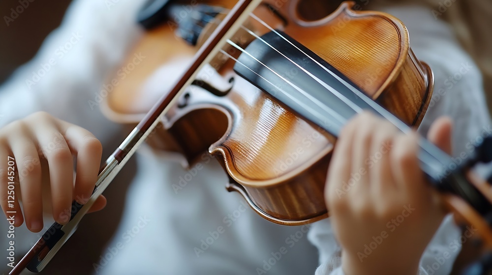 Aufkleber Close Up View of a Beautiful Violin in Play with Hands and Bow Showing the Art of Music : Generative AI