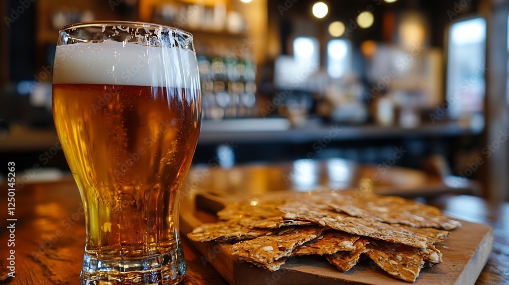 Poster chilled beer glass with snacks in cozy rustic bar setting : generative ai