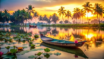 Fototapeta premium Blurry Morning Lotus Pond: Moored Boat & Coconut Trees - Macro Photography
