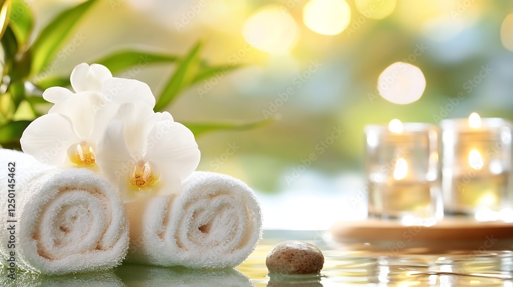 Poster tranquil spa setting with soft towels aromatic flowers and candles for relaxation and wellness : gen