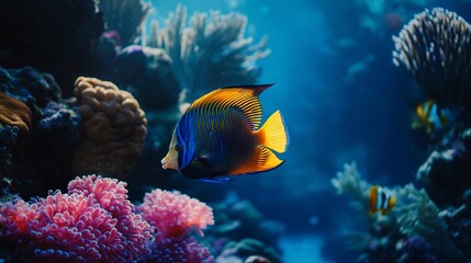 Obraz premium Vibrant yellow and blue angelfish swimming amidst colorful coral reef.
