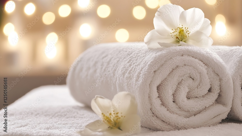 Poster soft white towels with decorative flower on a serene spa background for relaxation and wellness : ge
