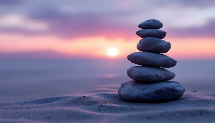 zen, stones, tall, stack, uneven, rugged, surfaces, smooth, sandy, surface, twilight, sky, purple, orange, hues, setting, sun, shadows, subtle, illuminated, photorealistic, detail, serene, tranquil, 