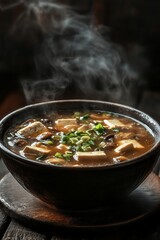 Steaming hot bowl of tofu soup with mushrooms and green onions.