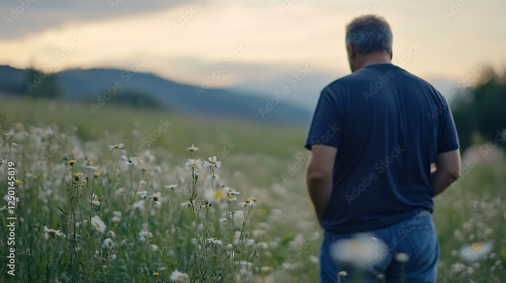 Aufkleber man walking through a field of wildflowers during sunset reflecting a moment of solitude : generativ