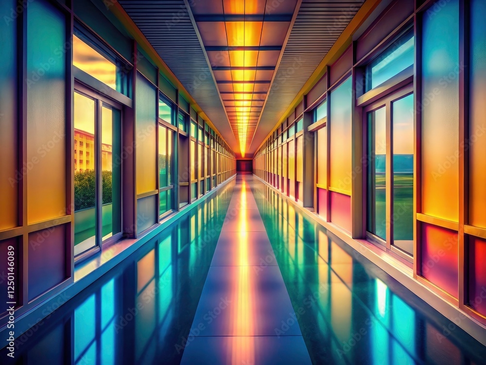 Poster tilt-shift photography transforms a long corridor into a miniature world, emphasizing perspective an