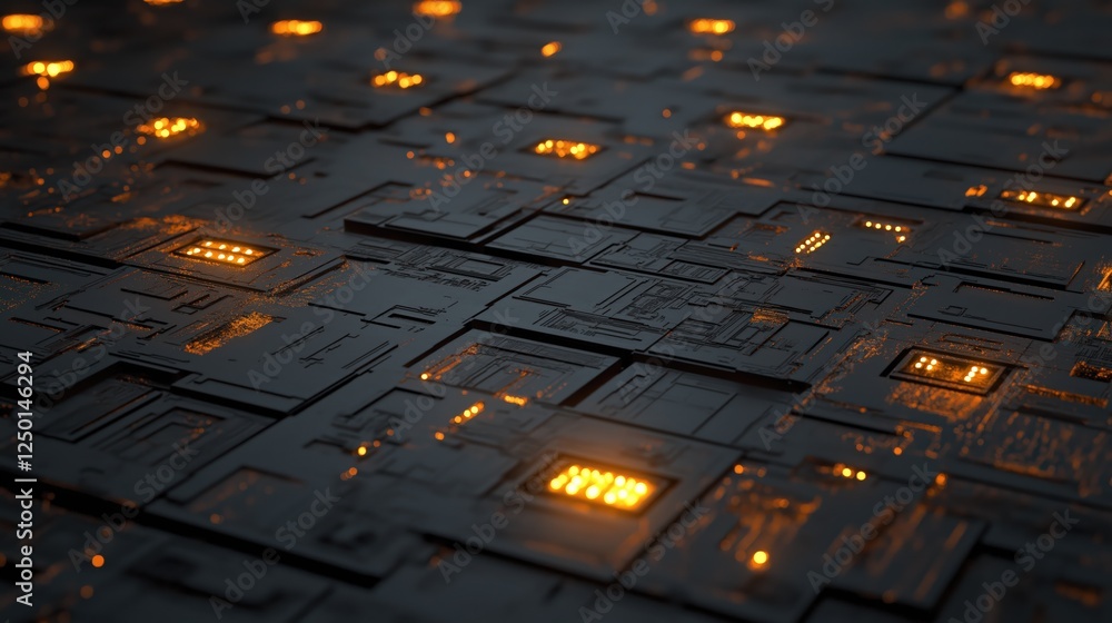 Poster abstract digital circuit board glowing orange squares grid pattern