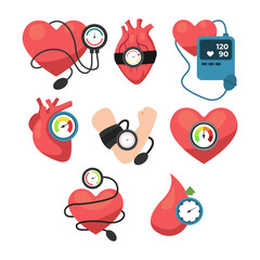Set of blood pressure icon collection, hypertension concept cartoon, blood pressure meter, arm, tonometer, and heart, hypertension icon, isolated on white background, flat vector illustration.