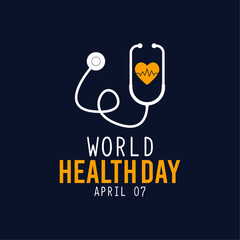 Vector illustration of world health day. Stethoscope and heart icon with heartbeat line on black background. Flat design vector illustration.