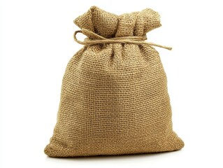 Rustic Burlap Sack, Tied with Twine, Isolated on White Background.