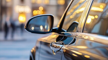Naklejka premium Close-Up of a Black Luxury Car Door Handle with City Lights Reflecting : Generative AI
