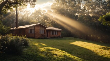 Sunbeams illuminate a brick house nestled in a lush green landscape.