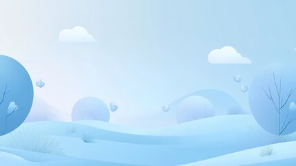 Soft blue landscape with whimsical shapes, gentle hills, and flo