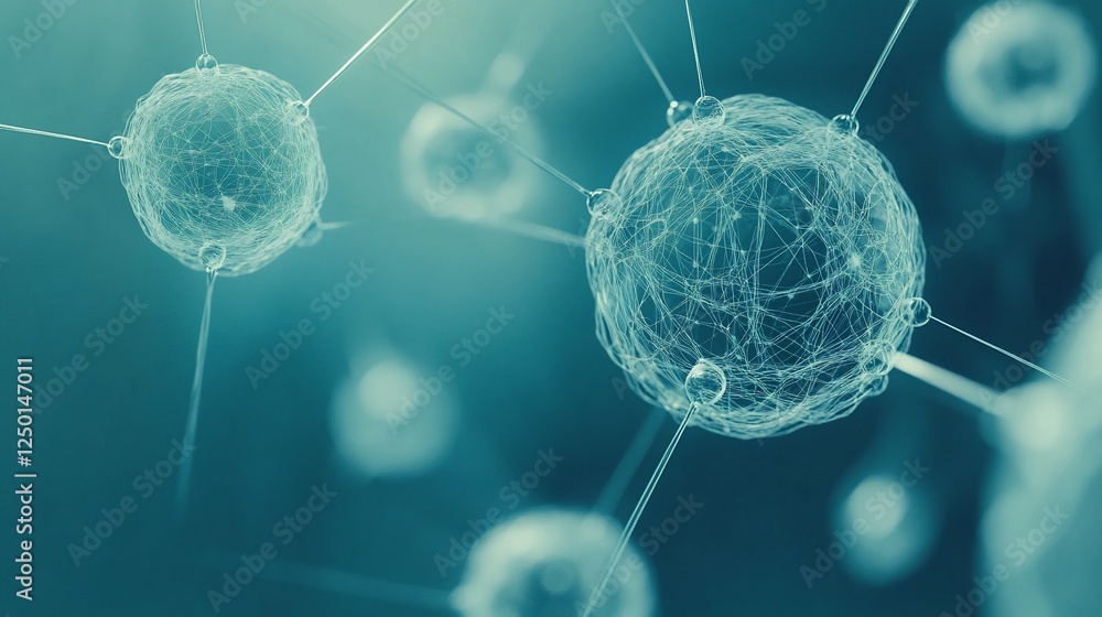 Poster abstract network of interconnected spheres, representing connections and relationships.