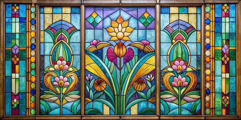 Abstract Stained Glass Window: Art Nouveau Teal, Lilac, Yellow, Red, Blue, Orange, Beige & Violet Vintage Pattern Background