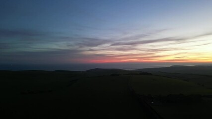 Tourist Attraction of United Kingdom at Beachy Head headland in Eastbourne, East Sussex, England. Drone's Camera Footage Was Captured on May 10th, 2024 From Medium High Altitude During Sunset