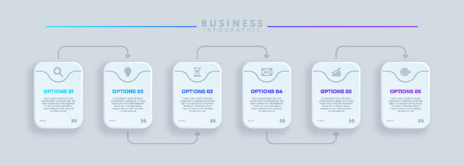 Infographic template featuring 6 steps with icons, designed for business concepts. Ideal for presentations, banners, workflow layouts, process diagrams, flowcharts, and data visualization.