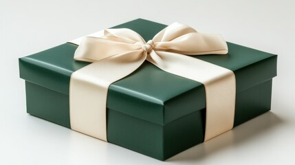 Fototapeta premium Green gift box, cream ribbon, studio backdrop, present