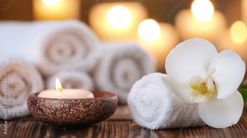 Poster spa retreat scene with soft towels relaxing candle and fresh orchid for tranquility : generative ai