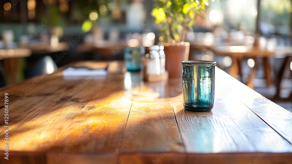 Poster stylish table setting with a blue decorative glass on rustic wooden table : generative ai