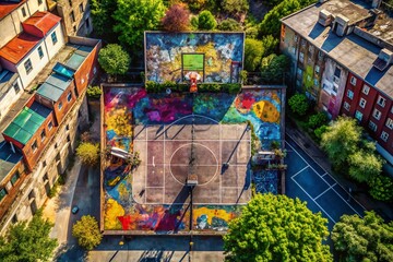 Fototapeta premium Bronx Backyard Basketball Court Graffiti Drone Aerial Photo