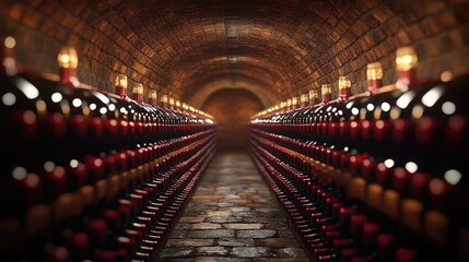 Wine bottles aging in a brick cellar