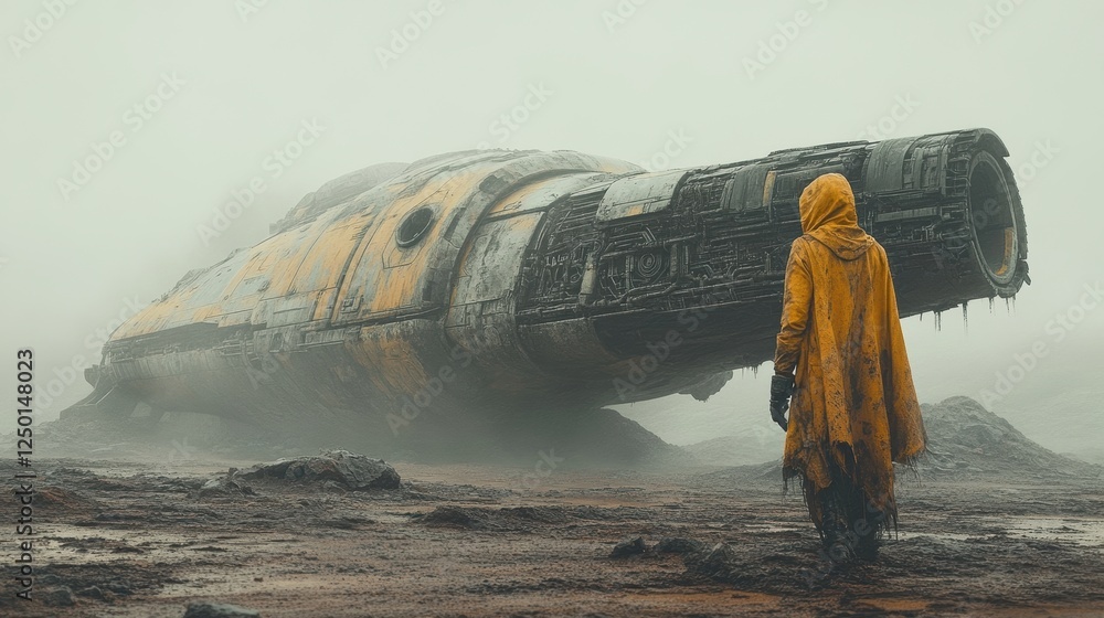 Poster a figure in a yellow cloak stands before a crashed spaceship in a foggy landscape.