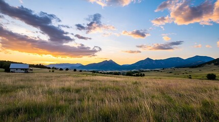 Obraz premium Serene Sunset Over Rolling Hills and Vibrant Fields in Rural Landscape : Generative AI