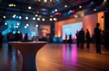 Event party, cocktails, inside a large hall, blurred background of people
