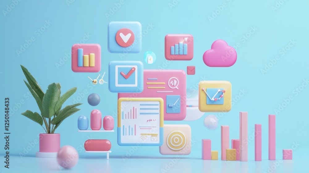 Poster pastel business data visualization: a 3d render of colorful icons and charts
