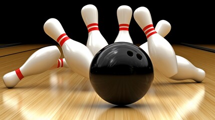 Bowling pins knocked down by ball on wooden alley